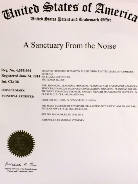 Certificate from US Patent & Trademark Office for our slogan